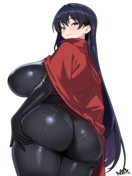 1girl absurdres arato_nagi ass black_bodysuit black_hair blue_eyes blush bodysuit breasts cloak cosplay highres hollow_knight hollow_knight:_silksong hornet_(hollow_knight) hornet_(hollow_knight)_(cosplay) huge_breasts long_hair looking_at_viewer looking_back nazara774 presenting presenting_ass red_cloak ruri_no_houseki smile solo thick_thighs thighs wide_hips