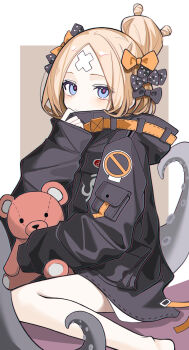 1girl abigail_williams_(fate) abigail_williams_(traveling_outfit)_(fate) absurdres bandaid bandaid_on_face bandaid_on_forehead black_bow black_jacket blonde_hair blue_eyes bow chinese_commentary chromatic_aberration closed_mouth commentary crossed_bandaids fate/grand_order fate_(series) hair_bow highres jacket kihara202 light_blush official_alternate_costume parted_bangs ribbon-trimmed_jacket ribbon_trim short_hair single_sleeve_past_fingers single_sleeve_past_wrist sitting solo stuffed_animal stuffed_toy teddy_bear tentacles yellow_bow