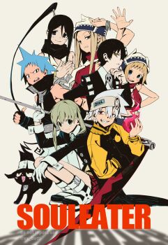 3boys 5girls alternate_form betti_(xx_betti) black_hair black_star blair_(cat)_(soul_eater) blair_(soul_eater) blonde_hair blue_hair blush_stickers bracelet cat copyright_name death_the_kid elizabeth_thompson fingerless_gloves gloves hashtag-only_commentary hat headband high_collar highres hitodama holding holding_scythe holding_weapon jacket jewelry looking_at_viewer maka_albarn multiple_boys multiple_girls nakatsukasa_tsubaki patricia_thompson ponytail scythe siblings sidelocks simple_background sisters skirt soul_eater soul_evans squatting turtleneck twintails twitter_username waving weapon white_background white_gloves white_hair