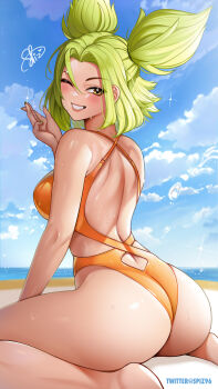 1girl absurdres ass barefoot beach cloud cloudy_sky commission day feet_out_of_frame green_hair highres kneeling league_of_legends looking_at_viewer looking_back one-piece_swimsuit one_eye_closed outdoors signature sitting sky smile spiz swimsuit teeth wet yellow_eyes zeri_(league_of_legends)