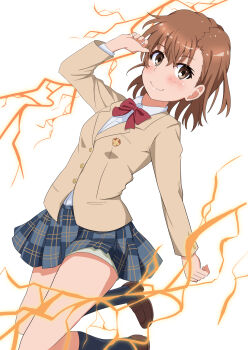 1girl black_socks blazer bow bowtie brown_eyes brown_hair brown_jacket brown_shoes closed_mouth collared_shirt electricity electrokinesis highres jacket kneehighs loafers long_sleeves miniskirt misaka_mikoto plaid_clothes plaid_skirt red_bow red_bowtie school_emblem school_uniform shirt shoes short_hair shorts shorts_under_skirt skirt smile socks solo tabu_(tabu_01) toaru_kagaku_no_railgun toaru_majutsu_no_index tokiwadai_school_uniform white_background white_shirt winter_uniform