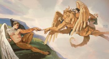 2boys 3girls above_clouds absurdres angel_wings asymmetrical_wings belly black_wings blonde_hair body_fur character_request chimera chimerism cloud dark-skinned_female dark_skin demon dungeon_meshi elf feathered_wings fine_art_parody from_side furry furry_male fusion highres human_head laios_touden laios_touden_(chimera) looking_at_another male_focus marcille_donato marcille_donato_(lord) mismatched_wings monster monsterification multiple_boys multiple_girls nipples nude outstretched_arm parody pectorals pointy_ears profile reaching reaching_towards_another scales short_hair ski.ip symbolism the_creation_of_adam thick_eyebrows tiger_stripes toned toned_male transformation white_wings winged_lion_(dungeon_meshi) wings