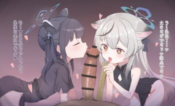 1boy 2girls :p absurdres all_fours animal_ear_fluff animal_ears ass assertive_female bar_censor bare_shoulders black_dress black_hair blue_archive blush brown_eyes censored china_dress chinese_clothes commentary_request cooperative_fellatio dress erection fellatio ffm_threesome flat_chest grey_hair group_sex halo heart heart-shaped_pupils hetero highres kaopero kokona_(blue_archive) large_penis licking licking_penis loli long_hair looking_at_penis male_pubic_hair measuring multicolored_hair multiple_girls open_mouth oral paid_reward_available penis penis_awe penis_measuring pov pov_crotch pubic_hair ruler sensei_(blue_archive) short_sleeves shun_(blue_archive) shun_(small)_(blue_archive) smile streaked_hair striped_clothes striped_dress symbol-shaped_pupils teamwork_(sexual) threesome tiger_ears tiger_girl tongue tongue_out translation_request twintails veins veiny_penis