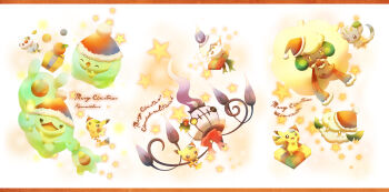 arm_up bow chandelure christmas_present clothed_pokemon cottonee duosion food fruit gen_1_pokemon gen_5_pokemon gift hat letterboxed litwick mandarin_orange merry_christmas minccino nintendo no_humans one_eye_closed oshawott patchwork_skin pikachu pokemon pokemon_(creature) red_bow red_scarf reuniclus santa_hat scarf star_(symbol) whimsicott white_background yuurakusei