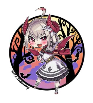 1girl ahoge ankle_lace-up arm_strap arm_up bag bare_shoulders bare_tree bat_(animal) belt belt_collar blush border bracelet broken_heart_print cloud collar colored_tips cross cross_print curled_horns dated demon_girl demon_horns demon_wings dress dyed_ahoge fang frilled_dress frills full_body gloves grey_hair hair_between_eyes handbag heart heart_print horns jewelry long_dress looking_at_viewer makaino_ririmu makaino_ririmu_(1st_costume) multicolored_hair nijisanji no_socks off-shoulder_dress off_shoulder open_mouth outline outside_border pointy_ears red_bag red_collar red_eyes red_horns red_shoes red_streaks red_wings round_border saltydanshark shirt_under_dress shoes short_hair shoulder_bag sidelocks smile solo standing streaked_hair sunset tree twisted_torso twitter_username undershirt v virtual_youtuber white_border white_dress white_gloves white_outline white_shoes wings