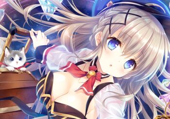 1girl :o animal black_choker black_hat black_shirt blue_eyes braid breasts brown_hair cat choker cleavage detached_sleeves hat large_breasts long_hair long_sleeves looking_at_viewer original parted_lips peaked_cap rolling_suitcase see-through_clothes see-through_sleeves shirt solo suitcase tatekawa_mako upper_body