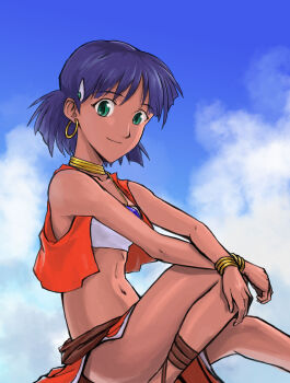 1girl abs ass bandeau bare_shoulders belt blue_gemstone blue_sky bob_cut brown_belt brown_sandals closed_mouth cloud collarbone commentary cross-laced_sandals crossed_wrists cumulonimbus_cloud dark-skinned_female dark_skin earrings english_commentary engrish_commentary feet_out_of_frame from_side fushigi_no_umi_no_nadia gem gold_earrings green_eyes hair_ornament hairclip hands_on_own_knee highres hoop_earrings jewelry knees_up light_smile looking_at_viewer looking_to_the_side midriff mitohakuren nadia_la_arwall navel neck_ring necklace outdoors pelvic_curtain pendant purple_hair red_vest sandals short_hair sitting sky sleeveless smile solo strapless tube_top vest white_bandeau