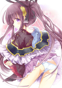 1girl from_behind dress female_focus hizaka oda_kou panties purple_hair rance_(series) ribbon sengoku_rance solo underwear