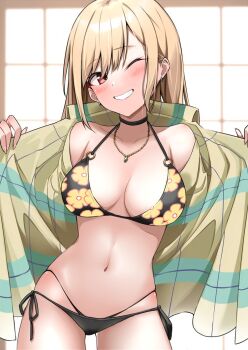 1girl bare_shoulders bikini black_bikini black_panties blonde_hair blush breasts choker day earrings floral_print floral_print_bikini grin indoors jewelry kitagawa_marin large_breasts long_hair mizumok1 navel necklace one_eye_closed open_clothes open_shirt panties print_bikini red_eyes smile solo sono_bisque_doll_wa_koi_wo_suru swimsuit underwear