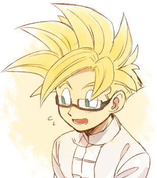 Rule 34 | 1boy, blonde hair, blush, commentary request, dragon ball, dragonball z, flying sweatdrops, green eyes, looking down, lower teeth only, lowres, male focus, mandarin collar, open mouth, parted bangs, petagon, raised eyebrows, sanpaku, shirt, simple background, solo, son gohan, super saiyan, super saiyan 1, tareme, teeth, white background, white shirt