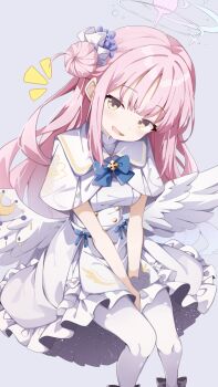 1girl blue_archive breasts dress hair_bun halo highres long_hair looking_at_viewer medium_breasts mika_(blue_archive) pantyhose pink_hair sabana single_side_bun solo white_dress white_pantyhose white_wings wings yellow_eyes