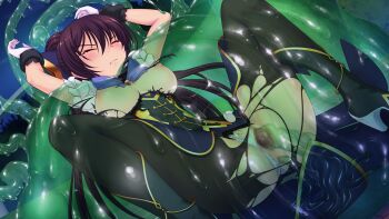 1girl black_pantyhose blush breasts censored closed_eyes clothing_aside game_cg genseishinki_sacred_virth gloves high_heels invisible_penis large_breasts large_variant_set long_hair magical_girl mosaic_censoring nipples non-web_source official_art panties panties_aside pantyhose ponytail pussy rape restrained sacred_noire slime_(creature) slime_(substance) solo spread_legs spread_pussy tentacles torn_clothes torn_pantyhose underwear vaginal variant_set yuugure_pairo yuuki_setsu