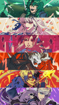 Rule 34 | 2boys, 4girls, absurdres, bai yi (path to nowhere), black choker, black gloves, black hoodie, black streaks, blonde hair, blue eyes, choker, collar, commentary request, coquelic (path to nowhere), donald (path to nowhere), earrings, falling petals, fangs, fingerless gloves, frilled collar, frills, gem, gloves, gradient hair, green eyes, green hair, green theme, grey hair, highres, holding, holding polearm, holding quill, holding sword, holding weapon, hood, hoodie, index ring, jewelry, levy (path to nowhere), long hair, middle ring, multicolored hair, multiple boys, multiple girls, multiple rings, open mouth, parted lips, path to nowhere, petals, pink eyes, pink lips, pink petals, pinky ring, polearm, purple eyes, purple hair, purple theme, quill, raven (path to nowhere), reaching, reaching towards viewer, red-tinted eyewear, red background, ring, round eyewear, schorl (path to nowhere), shalom (path to nowhere), sharp teeth, shirt, shizuku kaworu, shoulder pocket, shrug (clothing), single glove, slashing, streaked hair, sword, teeth, thumb ring, tinted eyewear, upper teeth only, weapon, white hair, white shirt, white shrug, white sleeves, white theme, yellow gem