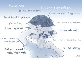 1boy 2022 :o absurdres alternate_skin_color antenna_hair arm_up bandage_over_one_eye bandaged_head bandages black_eyes black_hair blue_background bright_pupils clenched_hands colored_skin cowering crying crying_with_eyes_open curled_fingers dated english_text eyepatch furrowed_brow gradient_background hair_behind_ear hair_between_eyes highres hospital_gown looking_at_viewer looking_down male_focus medical_eyepatch omori open_mouth pixiv_username sad scared sobbing solo straight-on streaming_tears sunny_(hospital_gown)_(omori) sunny_(omori) teardrop tears toxyz white_background white_pupils white_skin wiping_tears