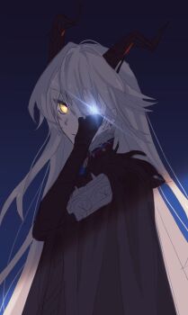 Rule 34 | 1girl, black coat, black horns, blue background, closed mouth, coat, commentary request, covering one eye, dalflower s2, expressionless, fingerless gloves, fur-trimmed coat, fur trim, glint, gloves, glowing, glowing eyes, grey fur, grey hair, hair between eyes, hand on own face, heterochromia, highres, horns, korean commentary, long hair, long sleeves, orange eyes, shade, solo, standing, star-shaped pupils, star (symbol), sunbringer (zenless zone zero), symbol-shaped pupils, upper body, wavy hair, zenless zone zero