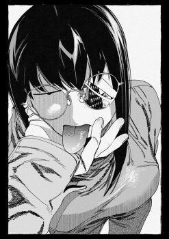 1girl :p black_border border breasts different_reflection grabbing_another's_chin greyscale hachinuki_tessei hand_on_another's_chin jimiko jitome long_hair long_sleeves looking_at_viewer mob_face moire monochrome original pov pov_hands reflection round_eyewear she_(hachinuki_tessei) sleeve_slit solo_focus tongue tongue_out