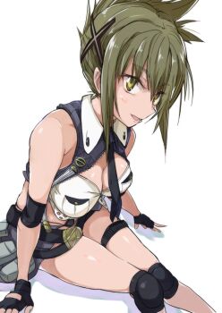 1girl black_gloves breasts brown_eyes brown_hair cleavage fingerless_gloves gloves highres kisaragi_chitose knee_pads large_breasts light_blush looking_at_viewer midriff open_mouth sitting solo super_robot_wars super_robot_wars_v takemura_makoto_(hakushikei)