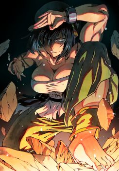 1girl absurdres alternate_breast_size_(larger) armlet avatar:_aang_the_last_airbender avatar_legends barefoot black_giraffe black_hair blind bracelet breasts cleavage commentary element_bending english_commentary green_hairband green_tunic grey_eyes grin hair_bun hairband highres jewelry large_breasts muscular muscular_female shirt short_hair single_hair_bun smile sparkling_eyes stomping toph_beifong torn_clothes torn_shirt tunic
