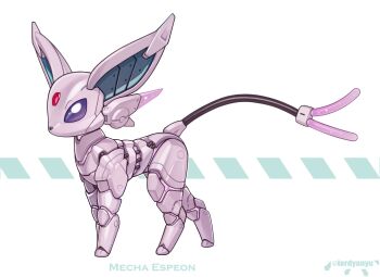 artist_name character_name english_text espeon forehead_jewel full_body gen_2_pokemon looking_at_viewer lordyanyu mechanization nintendo no_humans pokemon pokemon_(creature) purple_eyes robot simple_background solo tail white_background