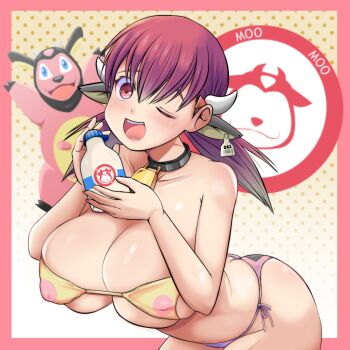 1girl alternate_breast_size_(larger) animal_ears bikini blush bottle breasts cleavage collarbone covered_erect_nipples cow_ears cowboy_shot eyebrows eyelashes fake_animal_ears fake_horns female_focus gen_2_pokemon highres holding holding_bottle horns huge_breasts large_breasts leaning_forward long_hair looking_at_viewer low_twintails mikado_ryouma milk miltank multicolored_bikini neck_bell nintendo one_eye_closed open_mouth pink_bikini pokemon pokemon_hgss red_eyes red_hair short_twintails smile solo standing swimsuit teeth twintails two-tone_bikini upper_teeth_only whitney_(pokemon) wide_hips yellow_bikini