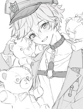 1boy akehoshi_subaru belt_collar blush chest_harness choker collar ear_piercing ensemble_stars! greyscale hair_between_eyes hand_up harness hat head_tilt highres jacket looking_at_viewer male_focus monochrome open_clothes open_jacket peaked_cap piercing seemillar short_hair simple_background smile solo stuffed_animal stuffed_toy teddy_bear upper_body white_background