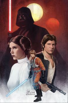 1girl 3boys black_boots black_gloves black_helmet black_vest blonde_hair blue_lightsaber boots brown_eyes brown_hair darth_vader double_bun dress energy_sword gloves gun hair_bun han_solo handgun helmet highres holding holding_gun holding_sword holding_weapon jr_bartok jumpsuit lightsaber luke_skywalker multiple_boys open_clothes open_vest orange_jumpsuit princess_leia red_lightsaber shirt short_hair signature star_wars star_wars:_a_new_hope sword vest weapon white_dress white_shirt