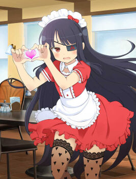 1girl alternate_costume apron black_hair black_lace_trim black_thighhighs blunt_bangs blush buttons cafe center_frills chair dress embarrassed enmaided eyepatch flat_chest frilled_apron frilled_dress frills heart heart_hands heart_print indoors lace lace-trimmed_thighhighs lace_trim long_hair looking_at_viewer maid maid_apron maid_headdress mirai_(senran_kagura) mitsudomoe_(shape) non-web_source official_art open_mouth print_thighhighs puffy_short_sleeves puffy_sleeves red_dress red_eyes restaurant senran_kagura senran_kagura_new_wave senran_kagura_shoujo-tachi_no_shin&#039;ei short_sleeves solo table thighhighs tomoe_(symbol) very_long_hair waist_apron waitress wall_lamp wavy_mouth white_apron