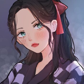 Rule 34 | 1girl, 2023, artist name, black hair, blue eyes, blush, checkered clothes, checkered kimono, closed mouth, eyelashes, hair ribbon, half updo, highres, japanese clothes, kimono, nico robin, nico robin (wano), official alternate costume, official alternate hairstyle, one piece, ponytail, red lips, red ribbon, ria (917 ria), ribbon, sidelocks, solo