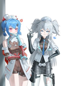 2girls absurdres akachi anger_vein bare_shoulders black_gloves black_shirt black_skirt blue_eyes blue_gloves blue_hair blue_necktie braid colphne_(girls&#039;_frontline_2) cross-laced_clothes cross-laced_skirt dress elbow_gloves florence_(neural_cloud) girls&#039;_frontline girls&#039;_frontline_2:_exilium gloves gun hair_between_eyes hair_ornament hairclip hand_on_own_hip hand_up handgun hat heart heart-shaped_pupils highres holding holding_syringe holster id_card long_hair mask_pull medium_hair multiple_girls navel necktie nurse_cap pa-15_(girls&#039;_frontline) pantyhose pink_eyes seductive_smile shirt skindentation skirt smile symbol-shaped_pupils syringe thigh_gap thigh_holster thigh_strap thighs twin_braids twintails very_long_hair weapon white_dress white_hair
