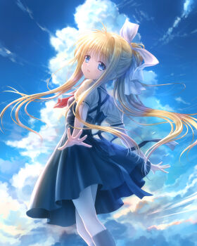 Rule 34 | 1girl, air (visual novel), ascot, black dress, black socks, blonde hair, blue eyes, blue sky, cloud, day, dress, feet out of frame, from behind, goto p, highres, kamio misuzu, long hair, looking at viewer, looking back, outdoors, ponytail, puffy short sleeves, puffy sleeves, red ascot, school uniform, shirt, short sleeves, sidelocks, sky, socks, solo, very long hair, yellow shirt