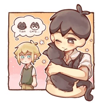 2boys absurdres animal antenna_hair basil_(faraway)_(omori) basil_(omori) black_eyes black_hair black_sweater_vest blonde_hair blue_eyes blush bright_pupils brown_shorts cat closed_mouth collared_shirt double-parted_bangs english_text green_sweater_vest hair_between_eyes highres holding holding_animal holding_cat looking_at_another male_focus multiple_boys omori one_eye_closed shirt short_hair short_sleeves shorts sidelocks speech_bubble sunny_(omori) sweater_vest thatbirdcanfly thought_bubble white_pupils white_shirt