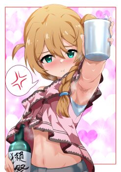 1girl absurdres armpit_focus armpits baba_konomi bottle commentary highres idolmaster idolmaster_million_live! idolmaster_million_live!_theater_days midriff navel sake_bottle sanami_(sanami_t_38) stained_clothes steaming_body sweat