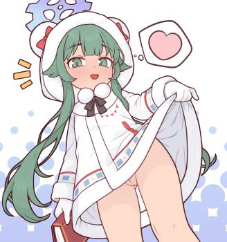 1girl :d blue_archive blue_halo casytay cleft_of_venus coat gloves green_eyes green_hair halo heart highres holding hood lifting_own_clothes loli long_hair long_sleeves looking_at_viewer momiji_(blue_archive) open_mouth pussy smile solo uncensored white_gloves