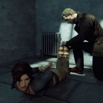 1boy 1girl 3d arms_behind_back bdsm bondage bound bound_ankles bound_wrists breasts brown_eyes brown_hair iorel-renders jewelry konstantin lara_croft necklace rope tomb_raider