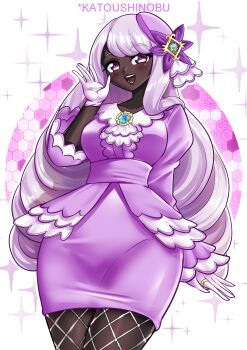 1girl :d absurdres artist_name blush breasts brooch center_frills commentary covered_groin cowboy_shot curvy dark-skinned_female dark_skin dress english_commentary fascinator fishnet_pantyhose fishnets fluffy_hair frills gloves gold_ring hand_up hat highres honeycomb_(pattern) honeycomb_background jacinthe_(pokemon) jewelry juliet_sleeves katou_shinobu large_breasts long_hair long_sleeves looking_at_viewer mini_hat nintendo open_mouth pantyhose pear-shaped_figure pencil_dress pokemon pokemon_legends:_z-a puffy_sleeves purple_background purple_dress purple_eyes purple_hat purple_theme salute smile solo sparkle_background standing swept_bangs thick_thighs thighs very_dark_skin very_long_hair white_background white_gloves white_hair wide_hips