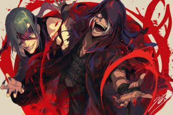 2boys bare_shoulders blood cloak commentary_request dark-skinned_male dark_skin from_above gloria_(hojomajo) green_hair grey_hair hood hood_up hooded_cloak male_focus mikata_ga_yowasugite_hojo_mahou_ni_tesshiteita_kyuutei_mahoushi_tsuihou_sarete_saikyou_wo_mezashimasu multiple_boys outstretched_arms ponytail rude_(hojomajo) scar scar_on_face sharp_teeth teeth yuunagi_(seventh_heaven)