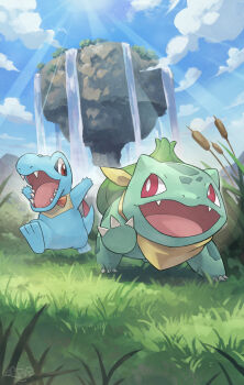 animal_focus blue_sky bow bowtie bulbasaur claws cloud commentary_request crocodilian floating_island gen_1_pokemon gen_2_pokemon highres neckerchief nintendo no_humans on_grass open_mouth orange_bow orange_bowtie outdoors pokemon pokemon_(creature) pokemon_mystery_dungeon pokemon_mystery_dungeon:_explorers_of_time/darkness/sky red_eyes sharp_teeth sky sunlight tail teeth totodile water waterfall wheat yamaori_(hakkentai_pokedan) yellow_neckerchief