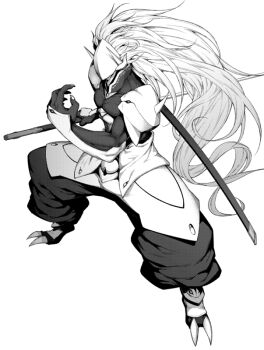 Rule 34 | 1boy, armor, blazblue, claws, greyscale, hakumen, hiroya juuren, holding, holding sword, holding weapon, katana, long hair, male focus, mask, monochrome, ootachi, reverse grip, simple background, solo, sword, weapon, white background