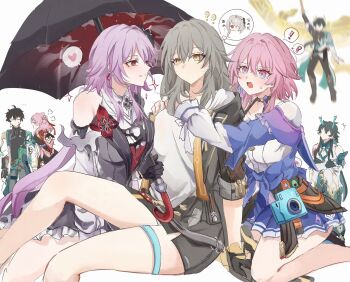 ! &gt;_&lt; 3boys 4girls ? acheron_(honkai:_star_rail) black_coat black_dress black_gloves black_skirt blue_skirt caelus_(honkai:_star_rail) closed_mouth coat dan_heng_(honkai:_star_rail) dan_heng_(imbibitor_lunae)_(honkai:_star_rail) dan_heng_(permansor_terrae)_(honkai:_star_rail) dress evernight_(honkai:_star_rail) gloves grey_hair heart highres holding holding_umbrella honkai:_star_rail honkai_(series) hug hug_from_behind long_sleeves march_7th_(honkai:_star_rail) march_7th_(hunt)_(honkai:_star_rail) march_7th_(preservation)_(honkai:_star_rail) multicolored_eyes multiple_boys multiple_girls official_alternate_costume official_alternate_eye_color official_alternate_hair_length official_alternate_hairstyle open_clothes open_coat open_mouth parted_lips pe_eee00 pink_hair pointing pointing_at_another red_eyes shirt simple_background single_bare_shoulder skirt sleeves_rolled_up smile speech_bubble spoken_exclamation_mark spoken_heart spoken_question_mark stelle_(honkai:_star_rail) thigh_strap thought_bubble trailblazer_(honkai:_star_rail) umbrella white_background white_shirt yellow_eyes