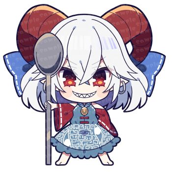 1girl barefoot blue_dress blue_ribbon chibi crossed_bangs curled_horns dress earrings full_body grin highres holding holding_spoon horn_ornament horn_ribbon horns jewelry looking_at_viewer meandros oil pointy_ears rain_leyley red_eyes red_horns red_sleeves ribbon ribbon-trimmed_sleeves ribbon_trim sample_watermark sharp_teeth short_hair smile solo spoon standing teeth touhou toutetsu_yuuma transparent_background watermark white_hair
