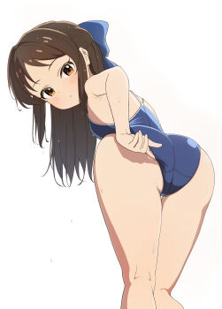 1girl absurdres adjusting_clothes adjusting_swimsuit ass back bare_arms bare_legs bare_shoulders blue_bow blue_ribbon blush bow breasts brown_eyes brown_hair cameltoe closed_mouth clothes_pull competition_school_swimsuit competition_swimsuit feet_out_of_frame flat_chest from_behind hair_bow hair_ribbon highres idolmaster idolmaster_cinderella_girls kneepits leaning_forward legs loli long_hair looking_at_viewer looking_back luilui_0525 medium_breasts one-piece_swimsuit open_mouth parted_bangs ribbon school_swimsuit simple_background small_breasts smile solo standing sweat swimsuit tachibana_arisu thigh_gap thighs wet white_background