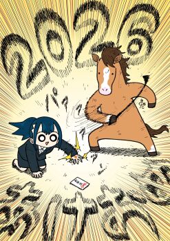1girl 2026 black_eyes black_hair chinese_zodiac commentary emphasis_lines hand_injury happy_new_year highres horse injury kyata_ti666 kyatapi_land motion_blur motion_lines new_year office_lady otoshidama ponytail reaching riding_crop seina_(kyata_ti666) slapping solid_circle_eyes year_of_the_horse