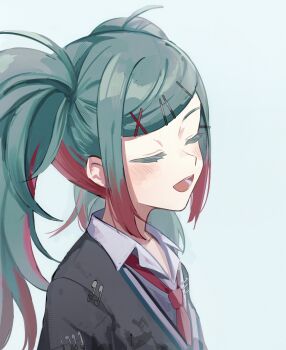 1girl absurdres ahoge blue_background blush closed_eyes clothes_pin collared_shirt colored_eyelashes colored_inner_hair facing_to_the_side green_hair grey_sweater hair_ornament hairpin hatsune_miku highres leo/need_miku long_hair mishio_(misio_40) multicolored_hair multiple_hairpins necktie open_mouth project_sekai red_hair red_necktie shirt sidelocks simple_background smile solo streaked_hair striped_clothes striped_sweater sweater twintails vertical-striped_sweater very_long_hair vocaloid white_shirt