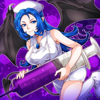 Rule 34 | 1girl, amulet, blue eyes, blue hair, boots, breasts, bubble, castlevania: portrait of ruin, castlevania (series), commentary request, demon tail, demon wings, hat, highres, holding, holding syringe, large syringe, long hair, looking at viewer, medium breasts, monster girl, nurse, nurse cap, nyx (castlevania), oversized object, pointy ears, poison, purple background, purple liquid, skull and crossbones, solo, splatter, syringe, tail, user pjdc3332, white boots, wings
