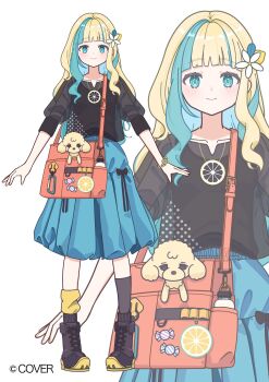 1girl bag black_bow black_shirt black_shoes blonde_hair blue_eyes blue_hair blue_skirt blunt_bangs bottle bow candy carabiner commentary_request copyright_notice dog flower food food-themed_hair_ornament hair_flower hair_ornament highres hololive lemon_hair_ornament lemon_necklace lemon_ornament long_hair medium_skirt multicolored_hair official_art pleated_skirt puffy_short_sleeves puffy_sleeves red_bag setouchi_lemon shirt shoes short_sleeves shoulder_bag skirt skirt_bow socks solo streaked_hair tachi-e tsukitoinu virtual_youtuber water_bottle yellow_socks zoom_layer