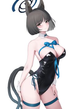 1girl absurdres alternate_costume animal_ear_fluff animal_ears bare_arms bare_shoulders black_eyes black_hair black_leotard black_nails blue_archive blue_halo blush bound bound_torso breasts cat_ears cat_girl cat_tail cleavage closed_mouth detached_collar halo highres jdnyang kikyou_(blue_archive) large_breasts leotard looking_at_viewer multiple_tails short_hair smile solo strapless strapless_leotard tail thigh_strap two_tails wrist_cuffs