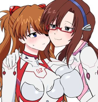 2girls blue_eyes blush bodysuit breast_press breasts brown_hair cheek-to-cheek evangelion:_3.0+1.0_thrice_upon_a_time eyepatch glasses hairband hand_on_another's_shoulder heads_together hercule_(05_02_08) interface_headset_(evangelion) makinami_mari_illustrious mecha_pilot_suit multiple_girls neon_genesis_evangelion orange_hair plugsuit_(evangelion) rebuild_of_evangelion smile souryuu_asuka_langley tsundere white_bodysuit yuri