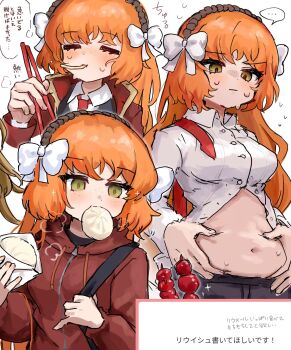 1girl belly_grab black_pants bow chopsticks food gold_trim green_eyes hair_bow hands_up highres holding holding_chopsticks hood hoodie ishmael_(project_moon) limbus_company liu_association_south_uniform long_hair marshmallow_(site) multiple_views orange_hair pants plump project_moon red_hoodie request_inset ro/ku sidelocks simple_background steamed_bun sweat tanghulu translation_request very_long_hair white_background white_bow