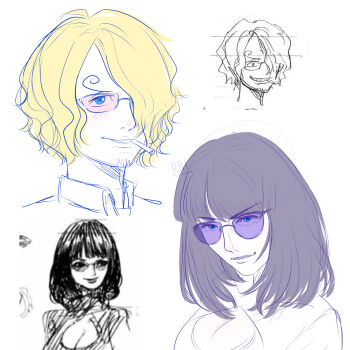 Rule 34 | 1boy, 1girl, absurdres, black hair, blonde hair, cigarette, highres, medium hair, nico robin, one piece, owo luii, reference sheet, sanji (one piece), simple background, sketch, sunglasses, upper body