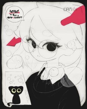 1girl arrow_(projectile) black_cat cat cat_(off_script) collared_shirt commentary english_commentary eve_(musician) glasses greyscale highres kakureonu lazy_cat_(song) long_hair looking_at_viewer making-of_available monochrome object_through_head off_script_(character) round_eyewear shirt solo song_name spot_color sweater upper_body